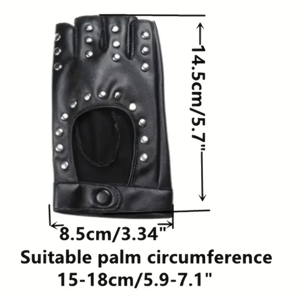 Black Faux Leather Studded Fingerless Gloves W/Snap Button Wrist Closure (OS)